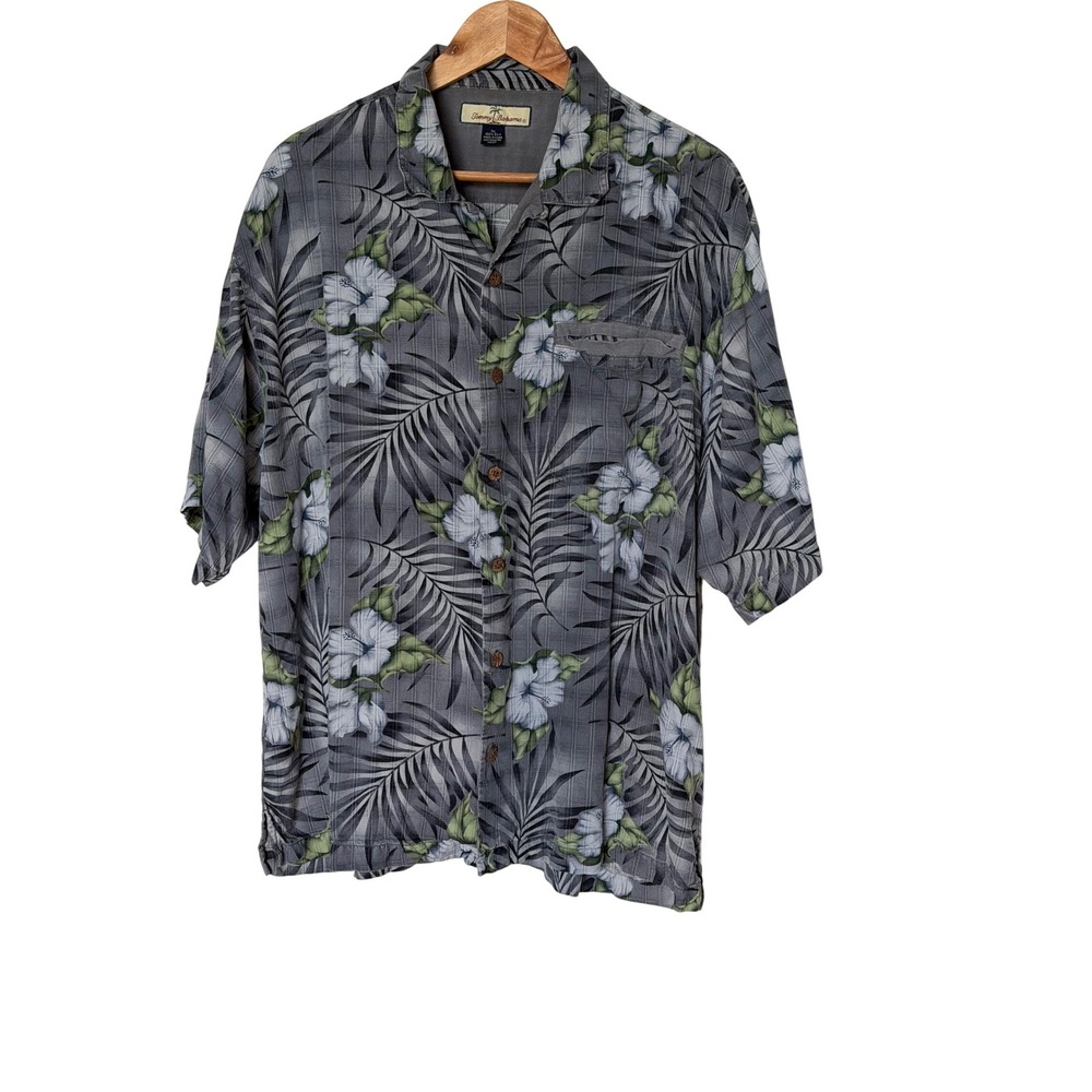 Tommy Bahama Mens XL Silk Camp Shirt Grey Floral Hibiscus Tropical Button Down